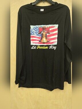 Men's Black Long Sleeve T Shirt With Flag Detail On Front. Size Large.
